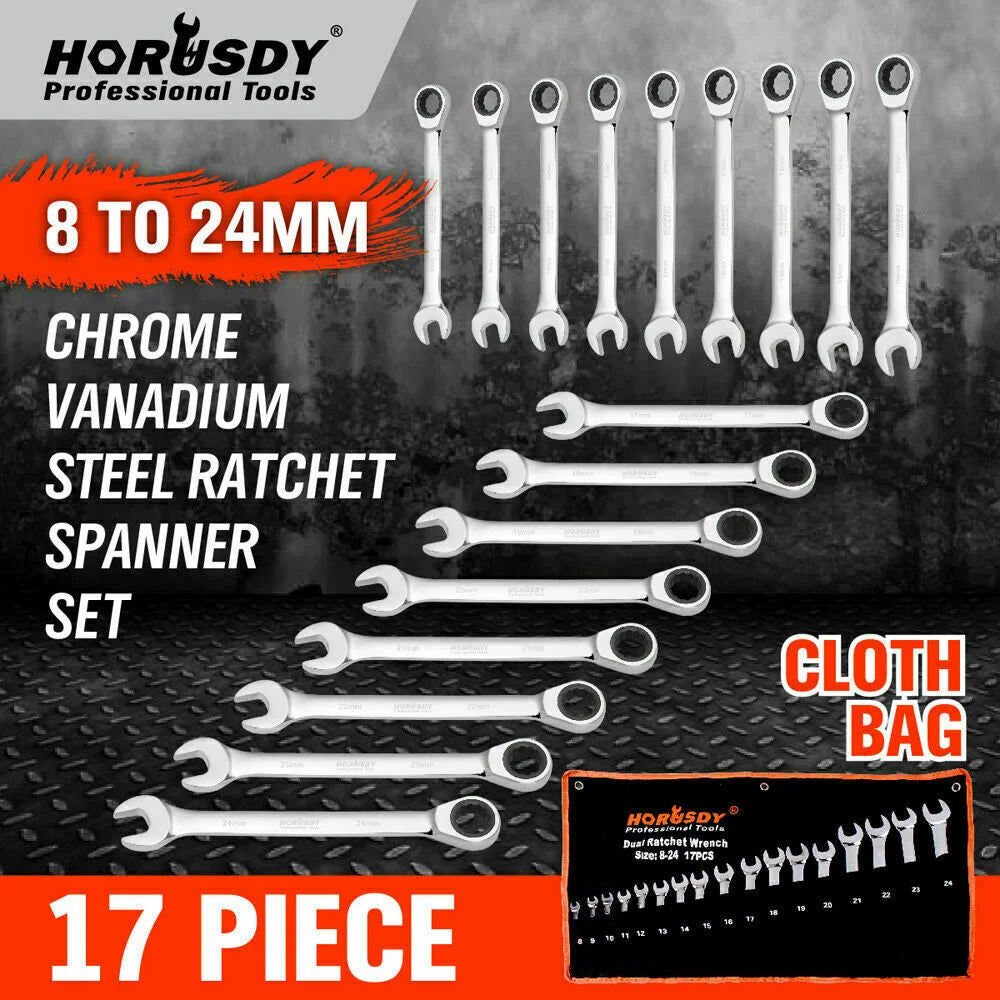 Ratchet Spanner Set Metric 17Pc Combination Wrenches Open