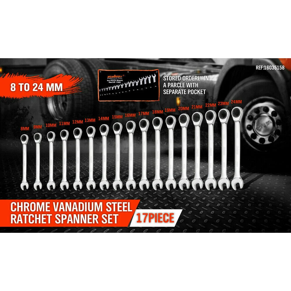 Ratchet Spanner Set Metric 17Pc Combination Wrenches Open
