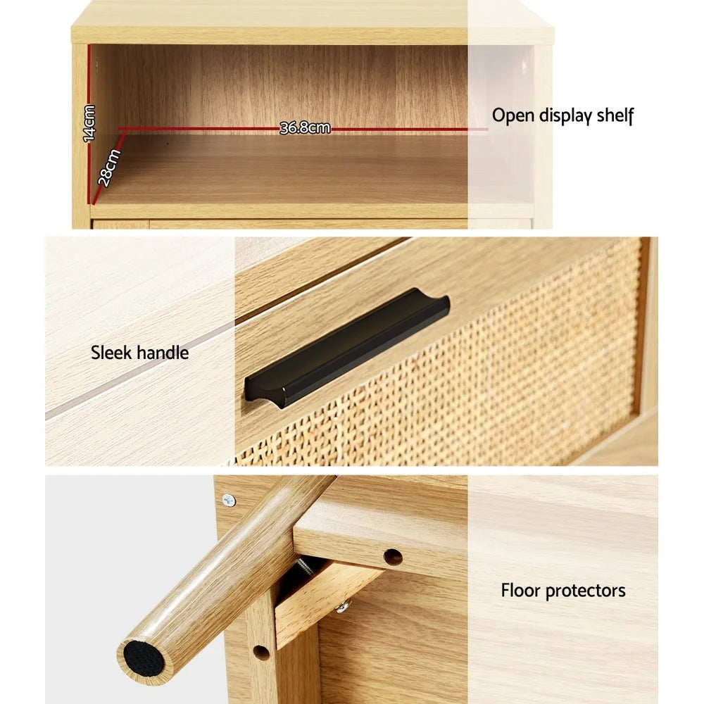 Rattan Bedside Table with 1 Drawer and Shelf - REI Oak