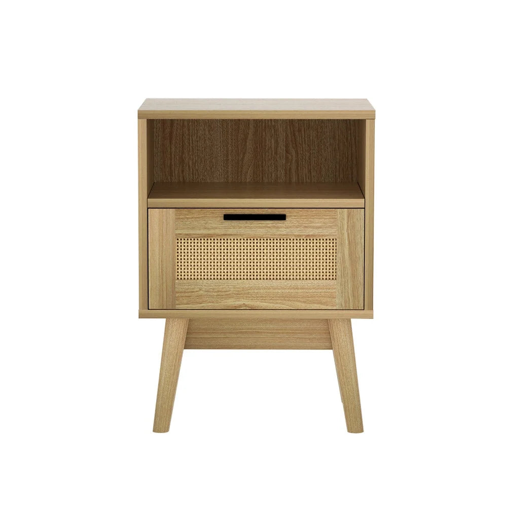Rattan Bedside Table with 1 Drawer and Shelf - REI Oak
