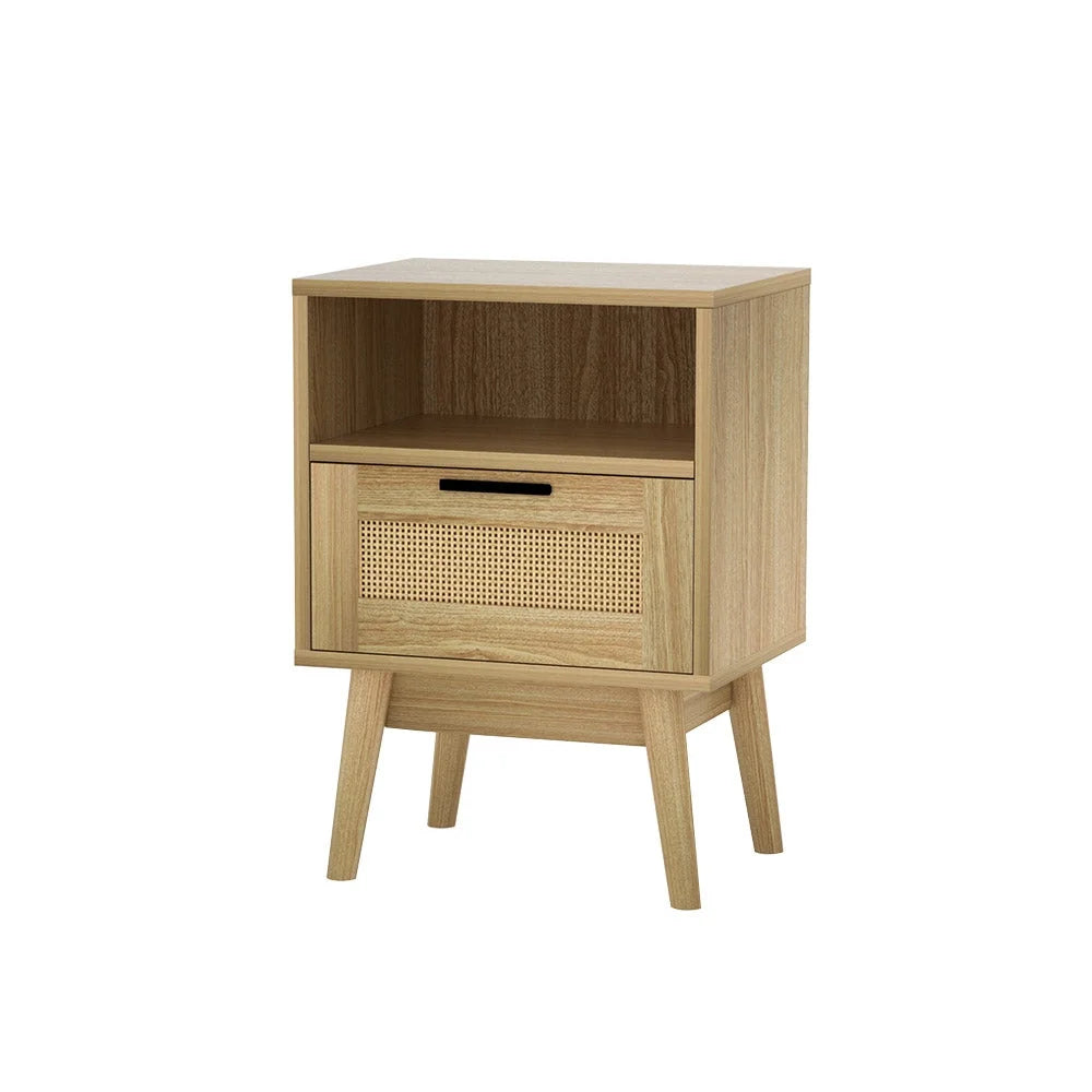 Rattan Bedside Table with 1 Drawer and Shelf - REI Oak
