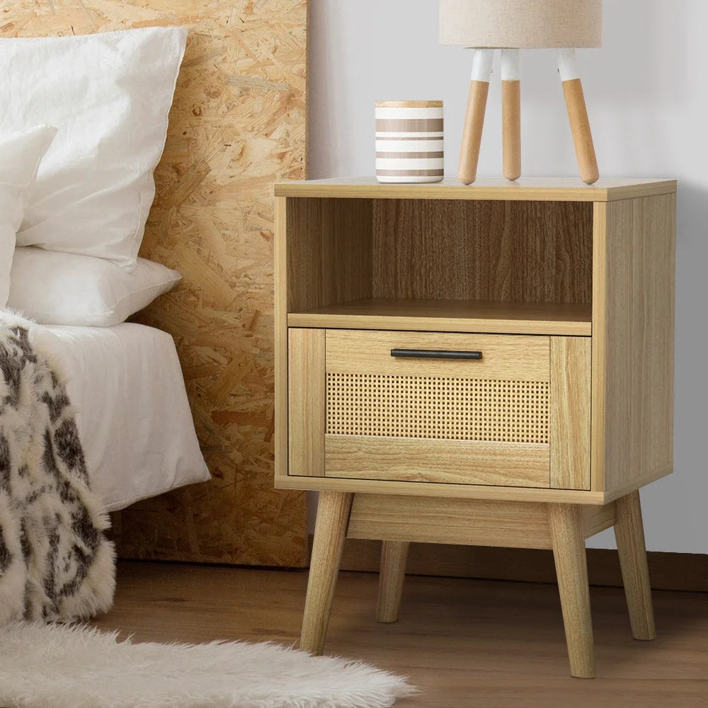 Rattan Bedside Table with 1 Drawer and Shelf - REI Oak