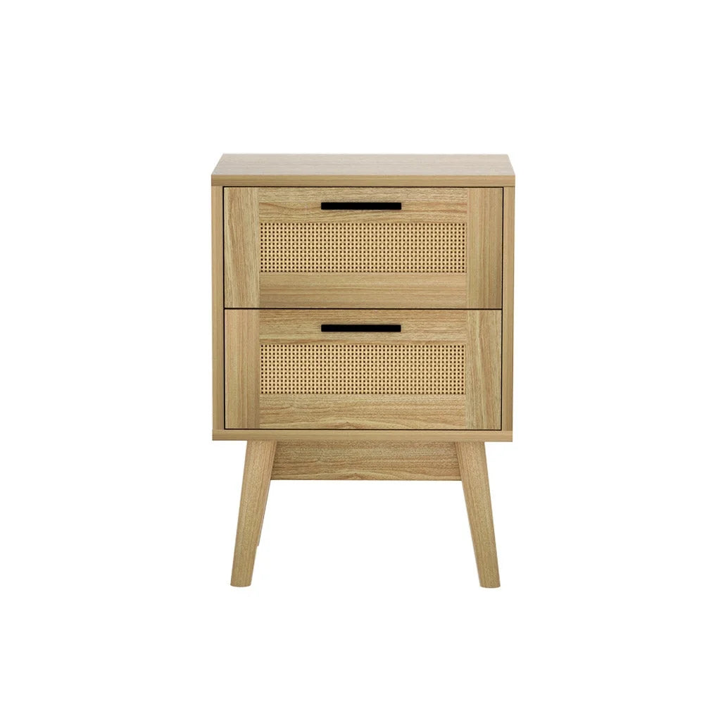 Rattan Bedside Table with 2 Drawers - RIE Oak