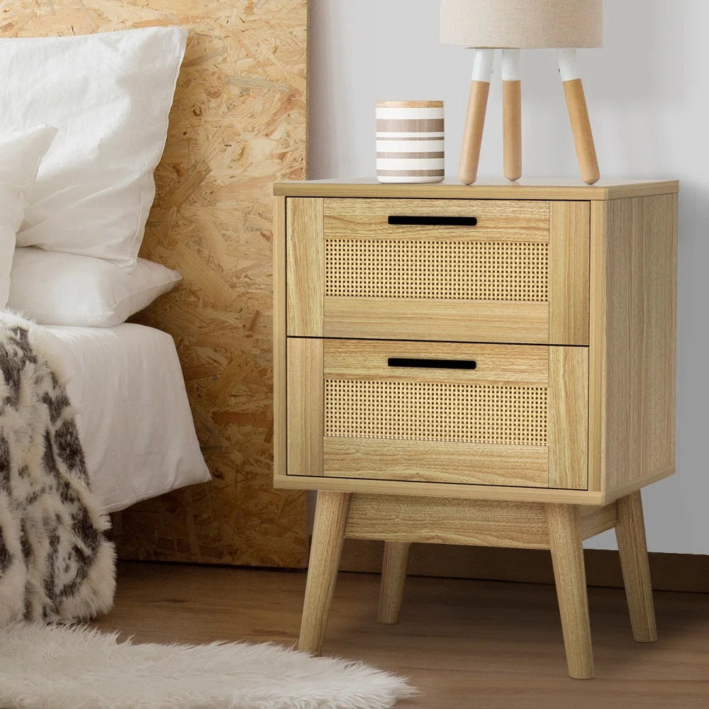 Rattan Bedside Table with 2 Drawers - RIE Oak