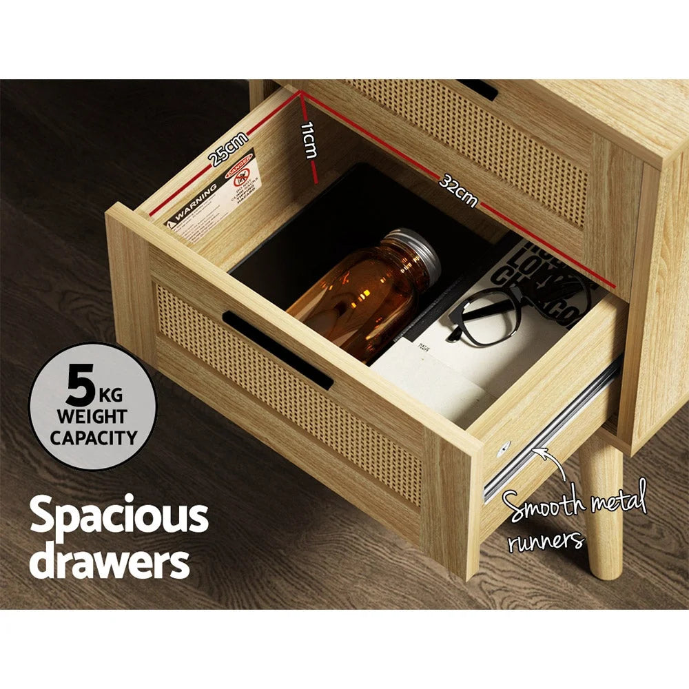 Rattan Bedside Table with 2 Drawers - RIE Oak
