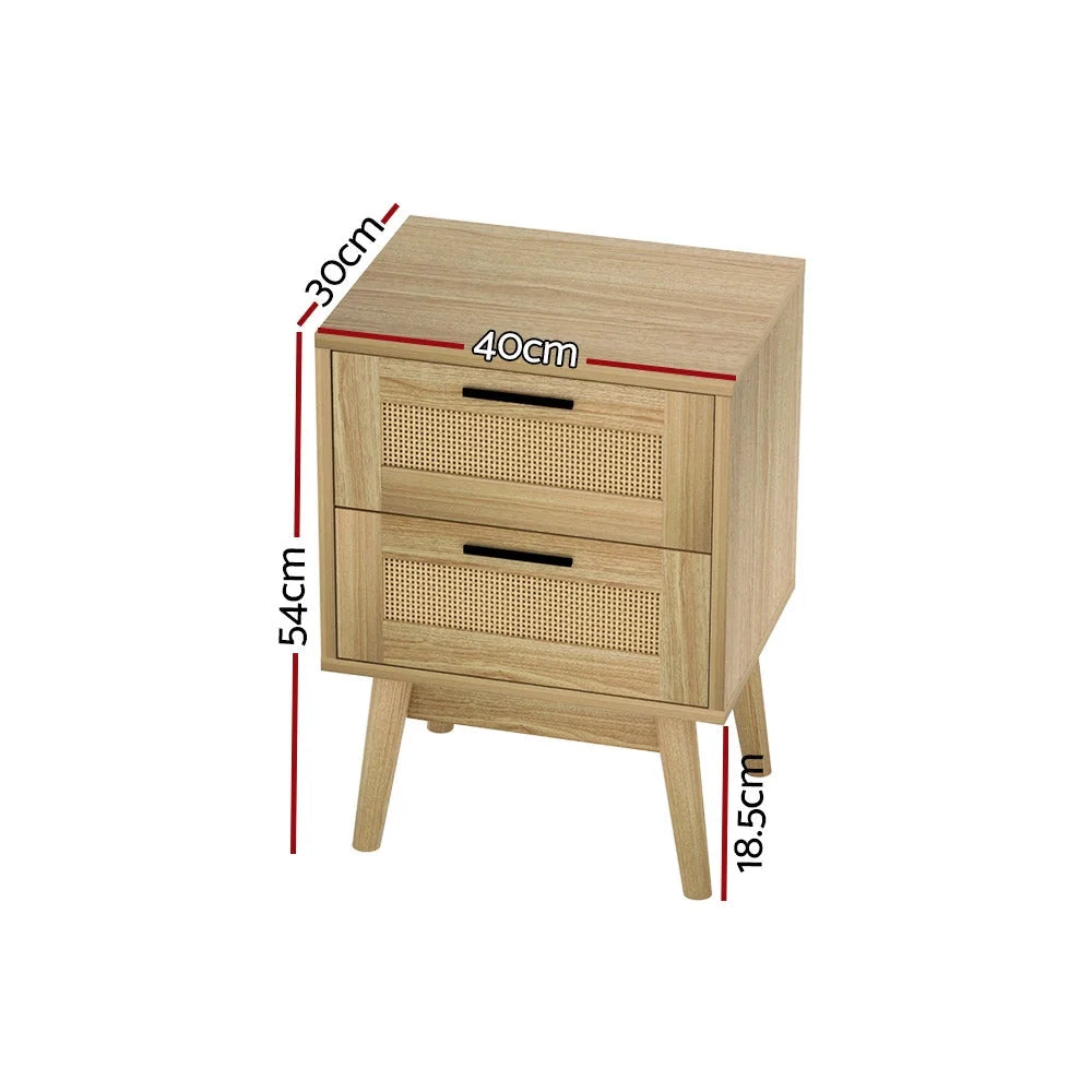 Rattan Bedside Table with 2 Drawers - RIE Oak