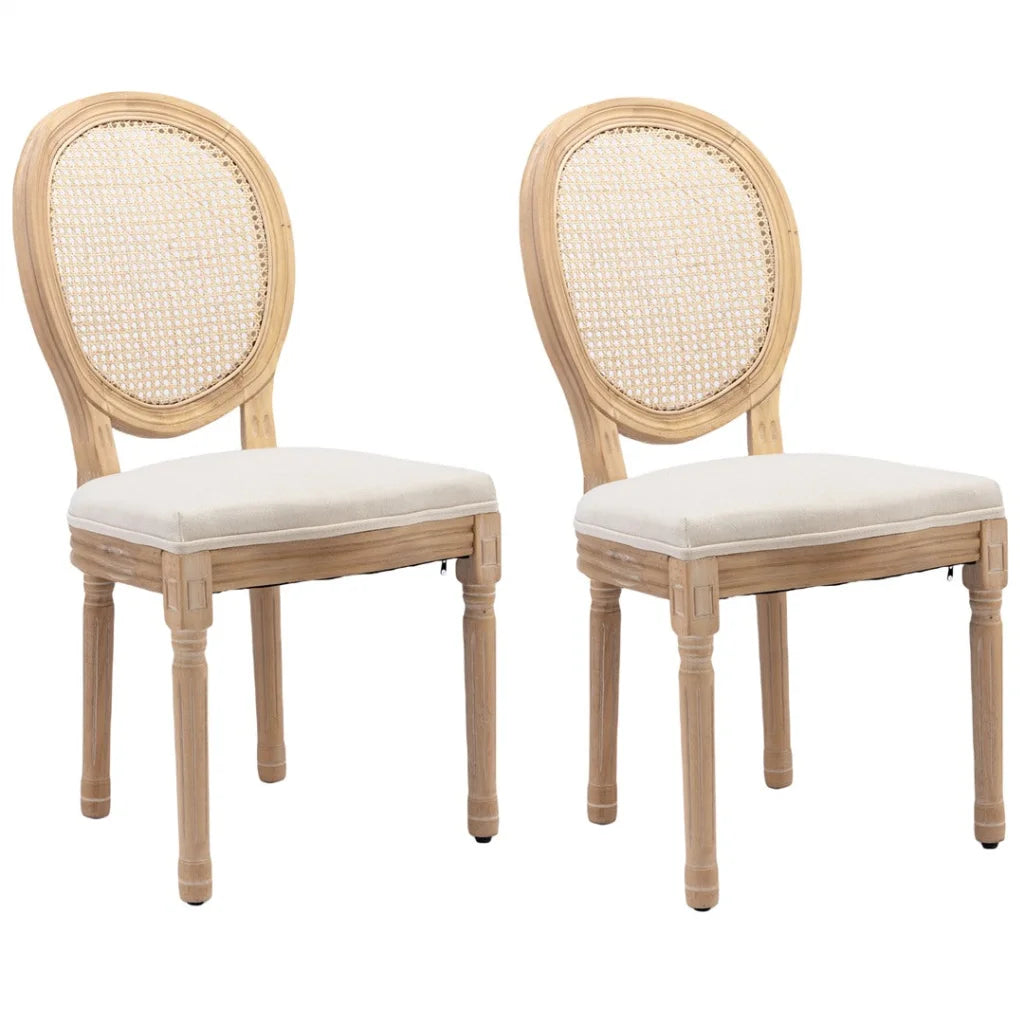 Rattan Dining Chairs 2X with Solid Wood Legs - Beige