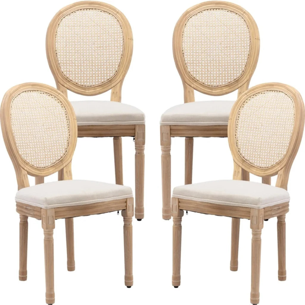 Rattan Dining Chairs 4X with Solid Wood Legs - Beige