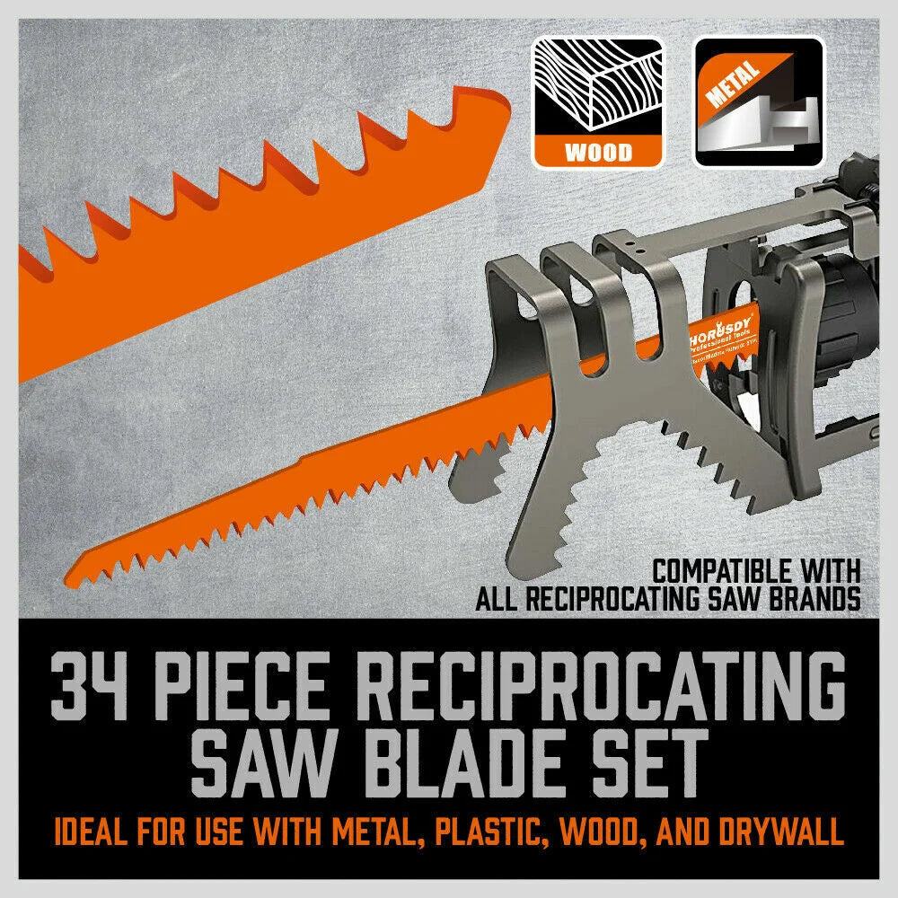 Reciprocating Saw Blade Set 34Pc Wood & Metal Cutting