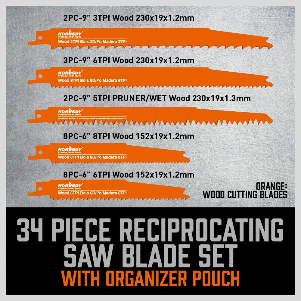 Reciprocating Saw Blade Set 34Pc Wood & Metal Cutting