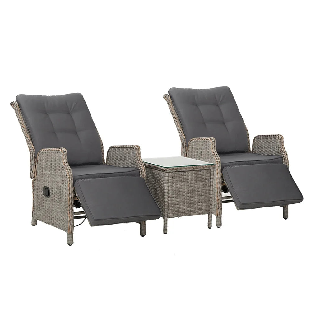 Grey wicker outdoor sun lounge with folding lounger seat and slatted footrest