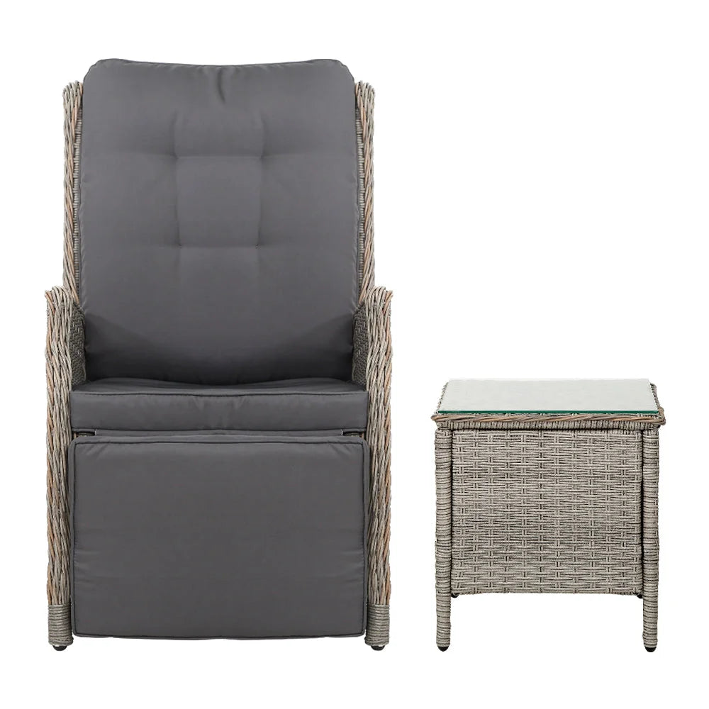Grey wicker outdoor sun lounge with outdoor lounger frame and angled backrest