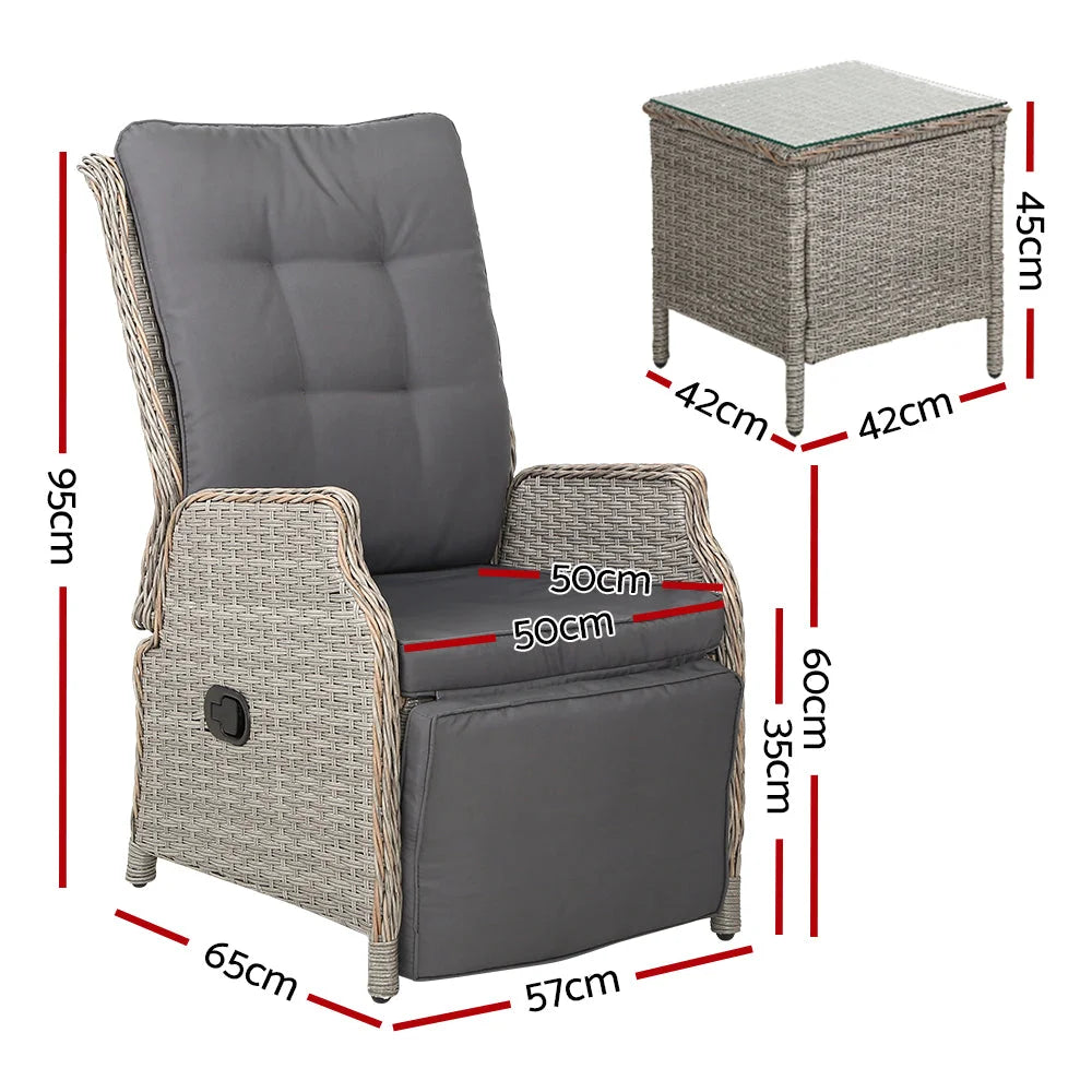 Grey wicker outdoor sun lounge with timber beach chair and wide armrests
