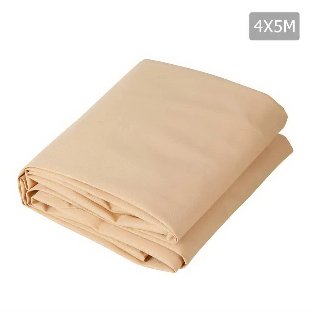 Beige 4x5m shade sail with fabric texture and stitched trim