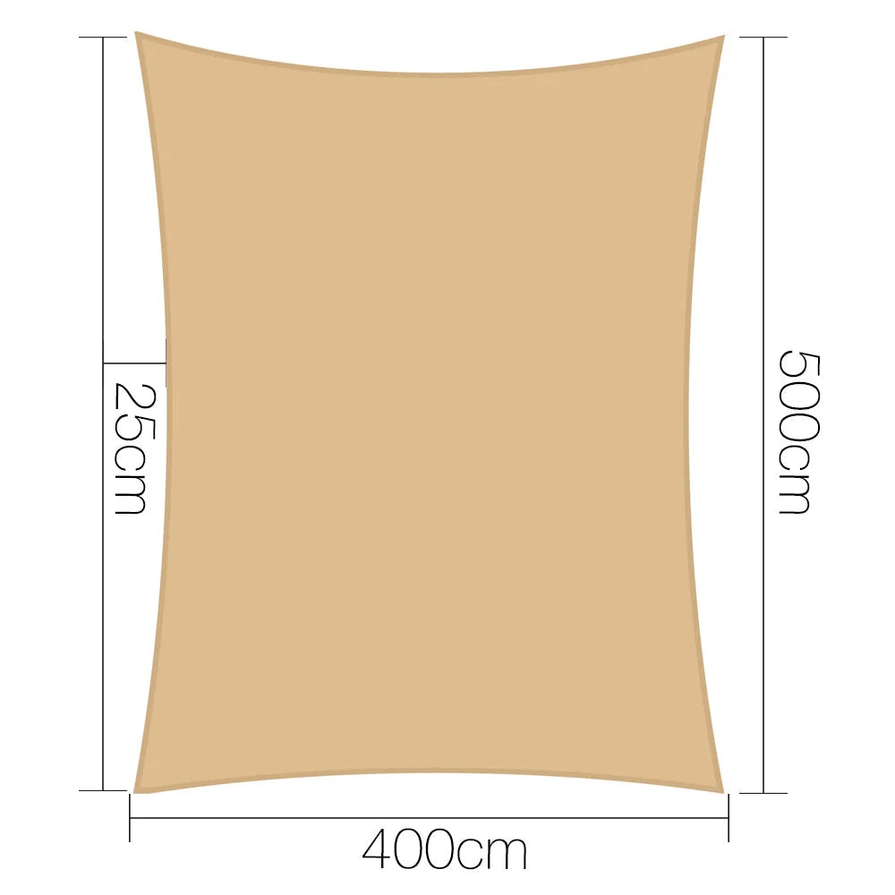 Beige 4x5m shade sail with patterned weave and edge detail