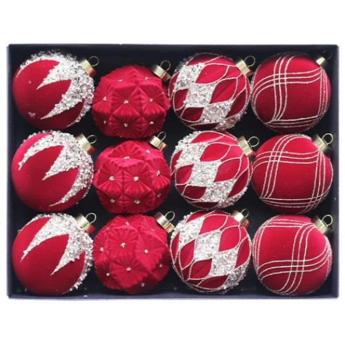 Red 12-Piece 8cm Christmas Bauble Set - Colorful Flocked