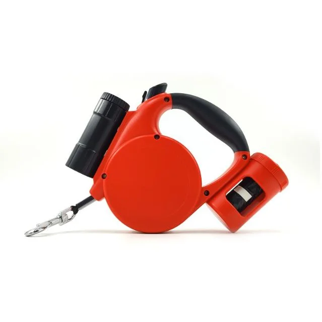 Red 3-in-1 Retractable Dog Leash with LED Flashlight & Poop