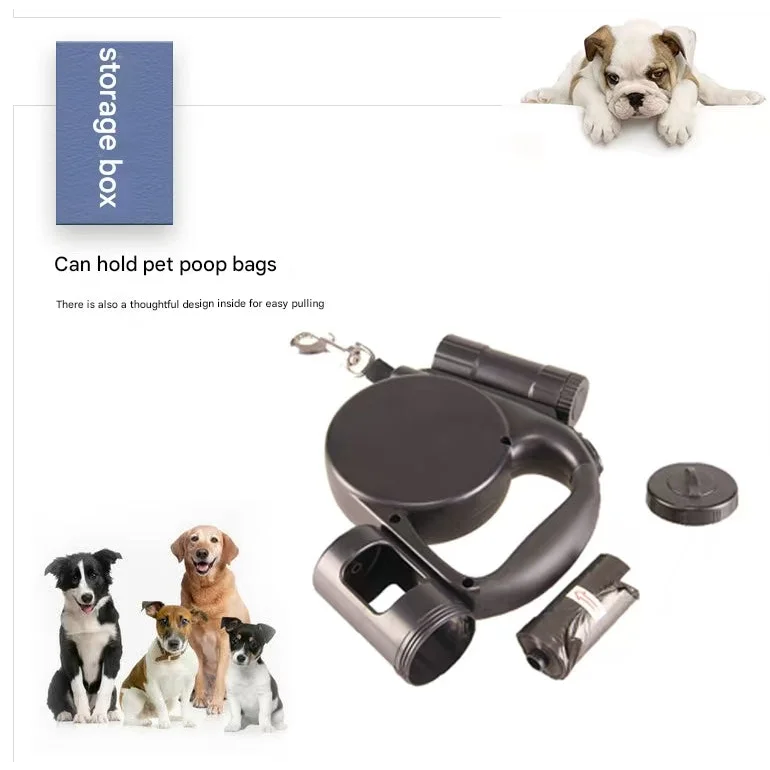 Red 3-in-1 Retractable Dog Leash with LED Flashlight & Poop