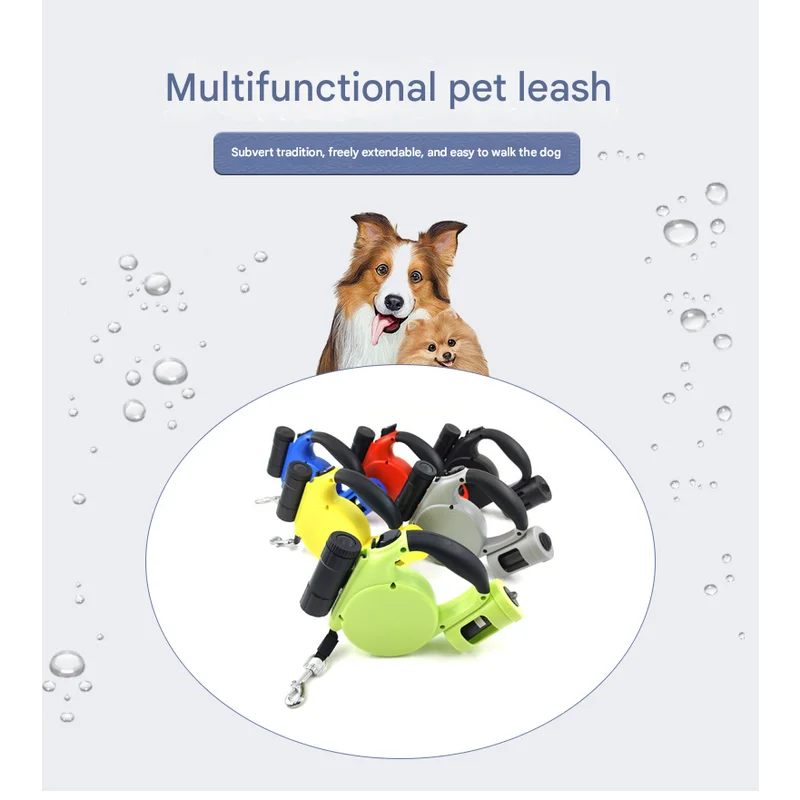 Red 3-in-1 Retractable Dog Leash with LED Flashlight & Poop