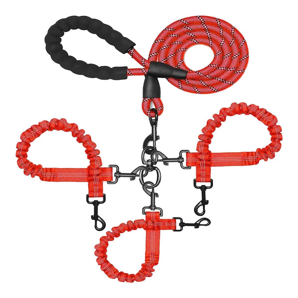 Red 3-in-1 Tangle-Free Dog Leash for 1-3 Dogs - Heavy Duty