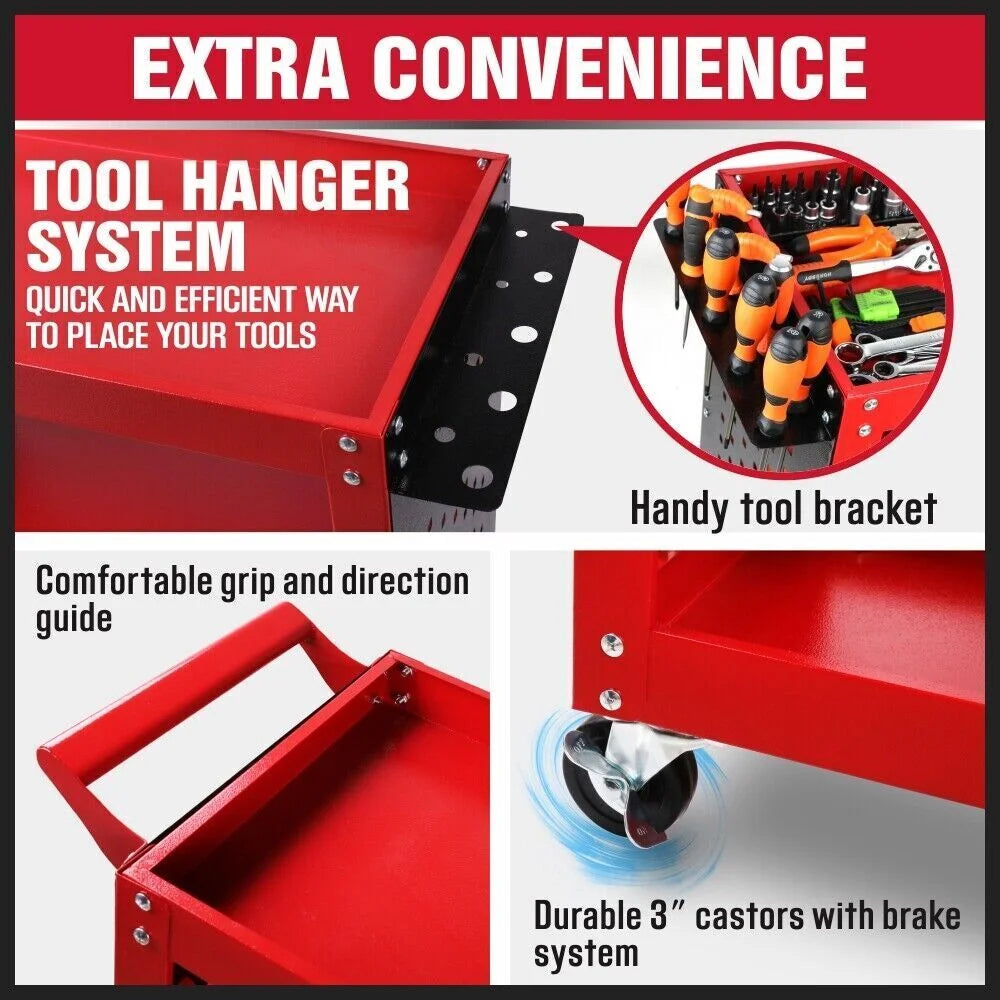 Red 3-Tier Tool Cart Trolley Toolbox Storage Workshop