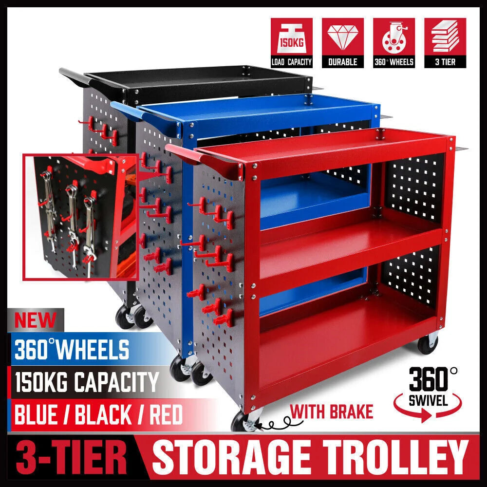 Red 3-Tier Tool Cart Trolley Toolbox Storage Workshop