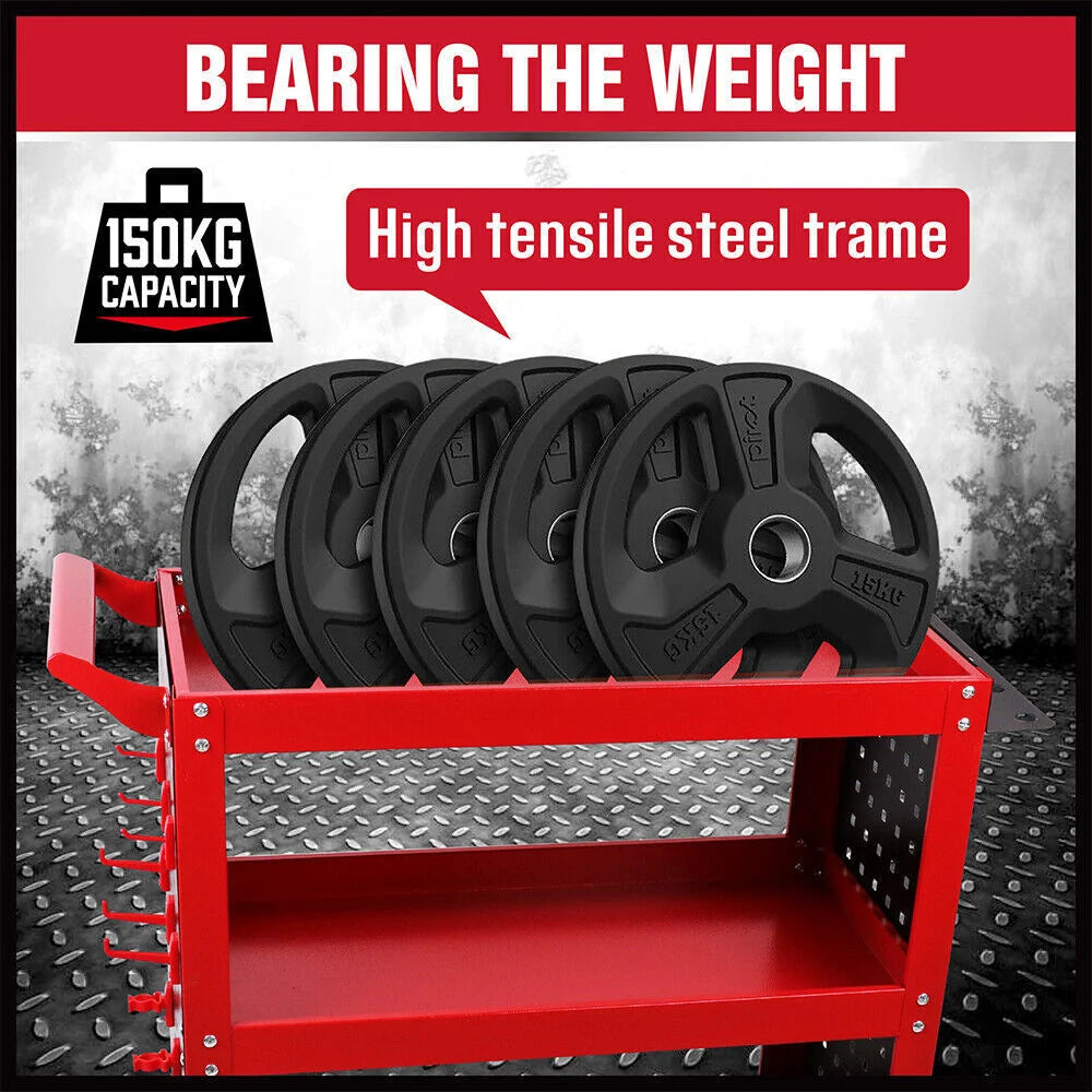 Red 3-Tier Tool Cart Trolley Toolbox Storage Workshop