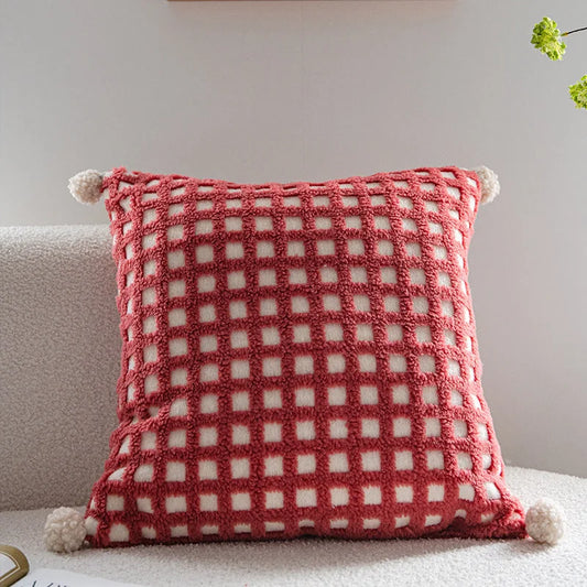 Red and Beige 3D Checkered Cushion Cover with Pom Poms