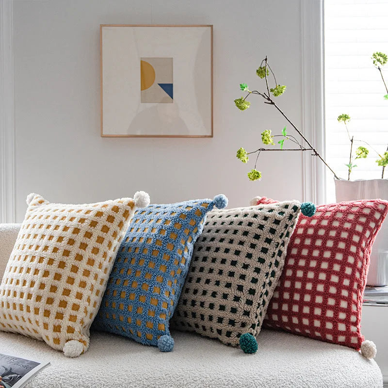 Red and Beige 3D Checkered Cushion Cover with Pom Poms