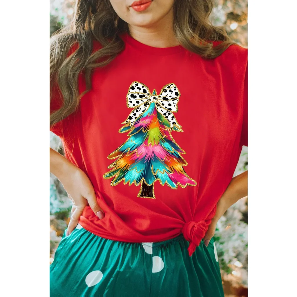 Red Bow Decor Christmas Tree Graphic Holiday T Shirt - M