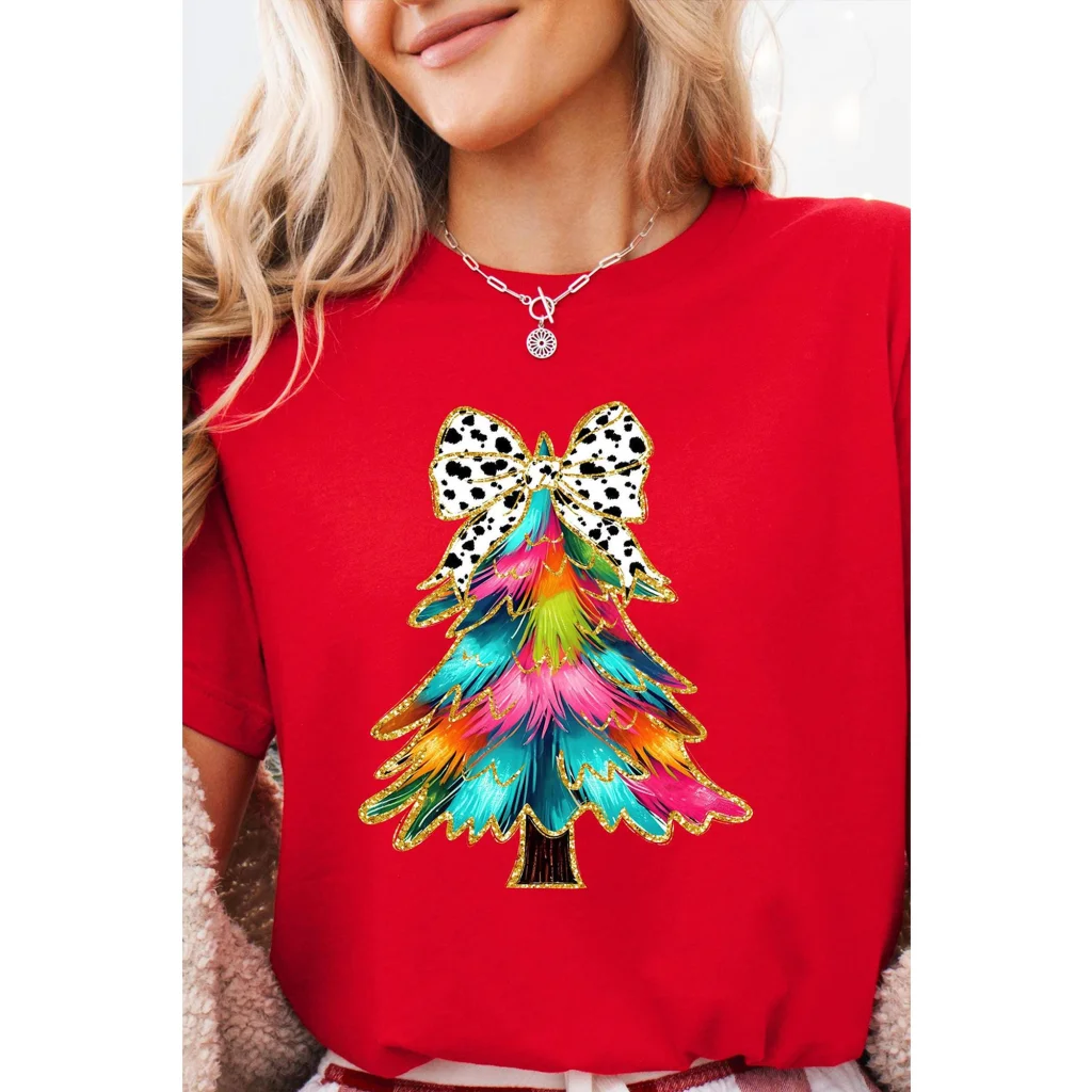 Red Bow Decor Christmas Tree Graphic Holiday T Shirt - M