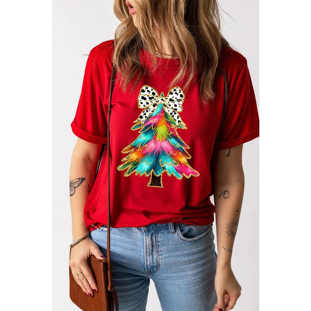 Red Bow Decor Christmas Tree Graphic Holiday T Shirt - M