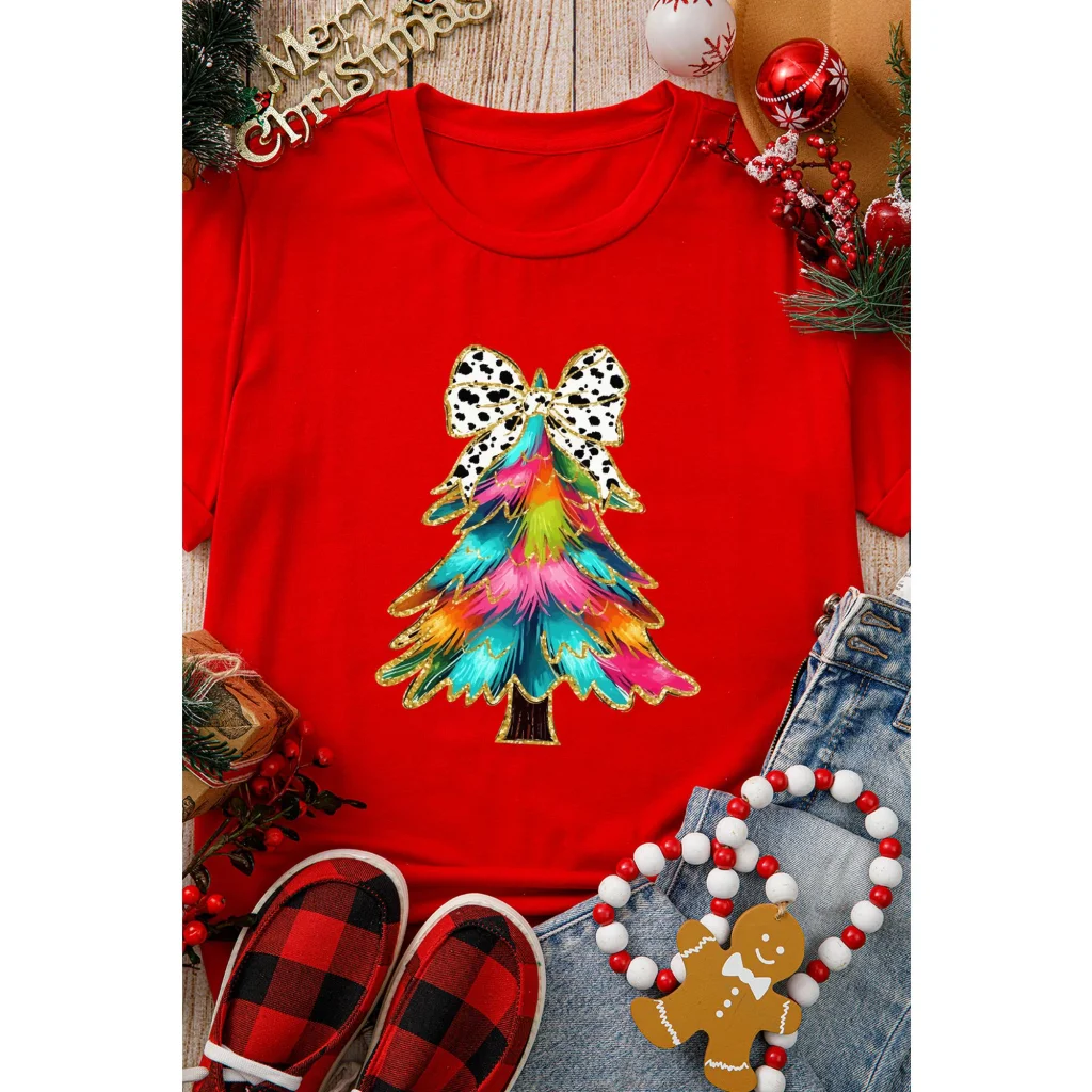 Red Bow Decor Christmas Tree Graphic Holiday T Shirt - XL