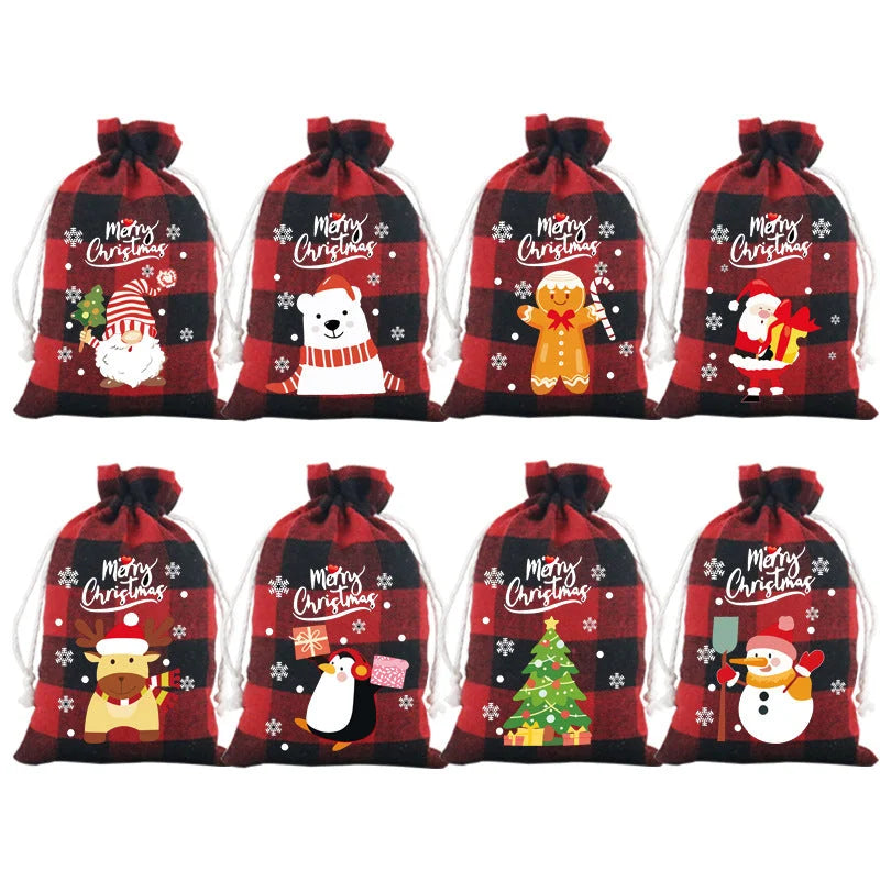 Red checkered Christmas Gift Drawstring Bags Set - Festive