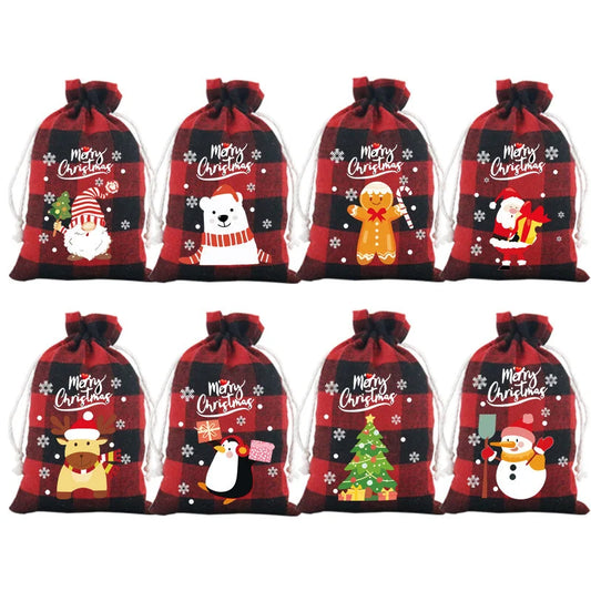 Red checkered Christmas Gift Drawstring Bags Set - Festive