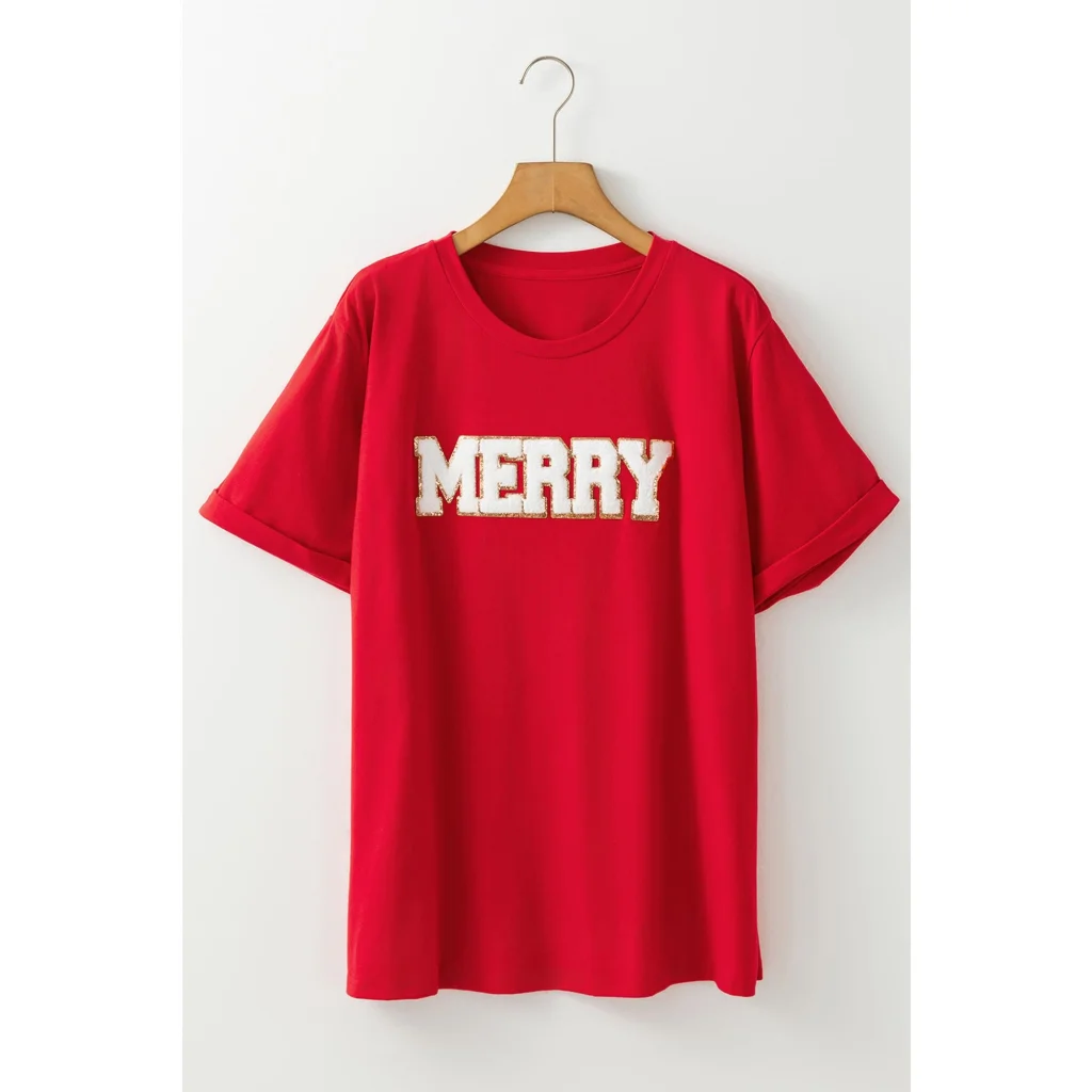 Red Christmas MERRY Graphic Cuffed Sleeve T Shirt - M