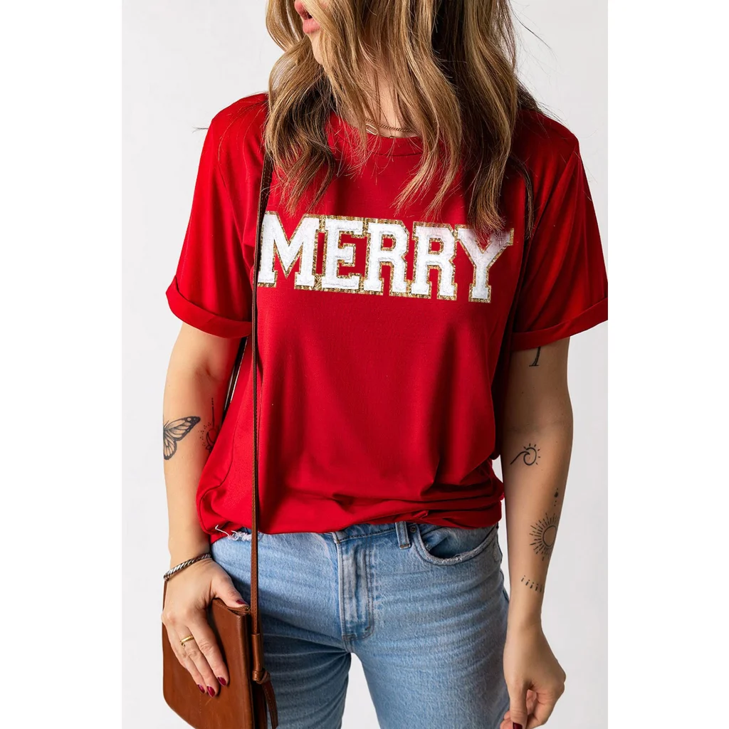 Red Christmas MERRY Graphic Cuffed Sleeve T Shirt - S