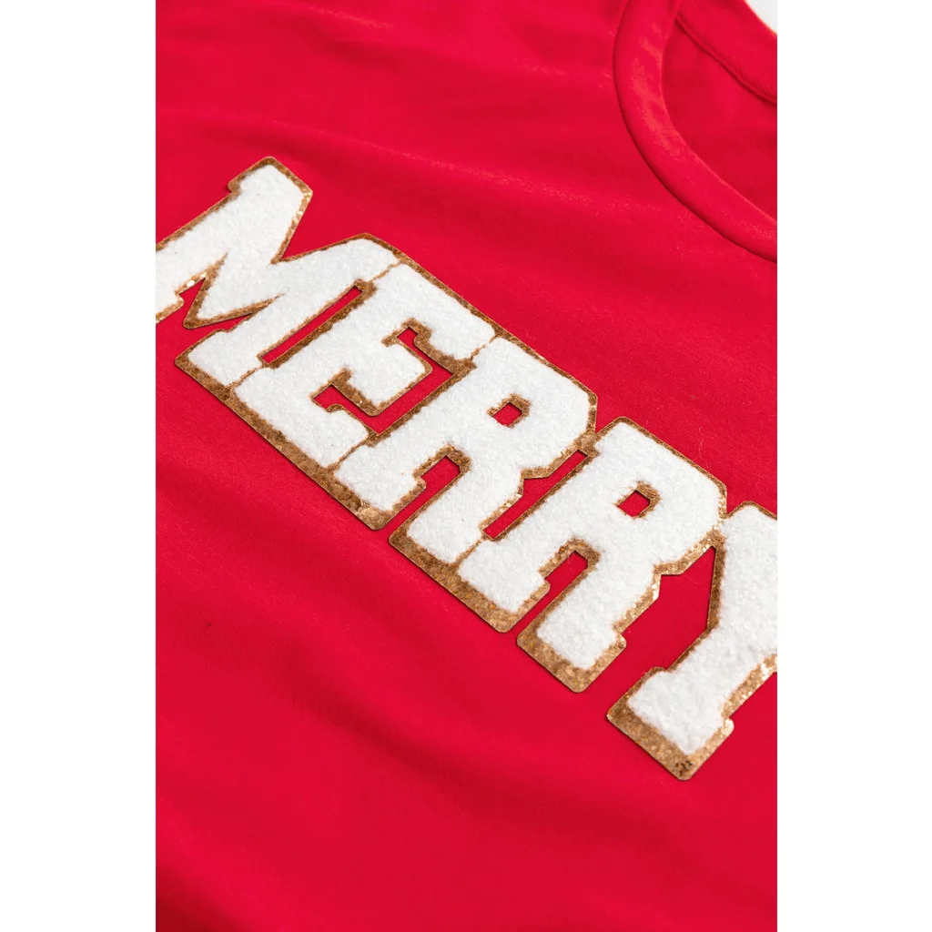 Red Christmas MERRY Graphic Cuffed Sleeve T Shirt - XL