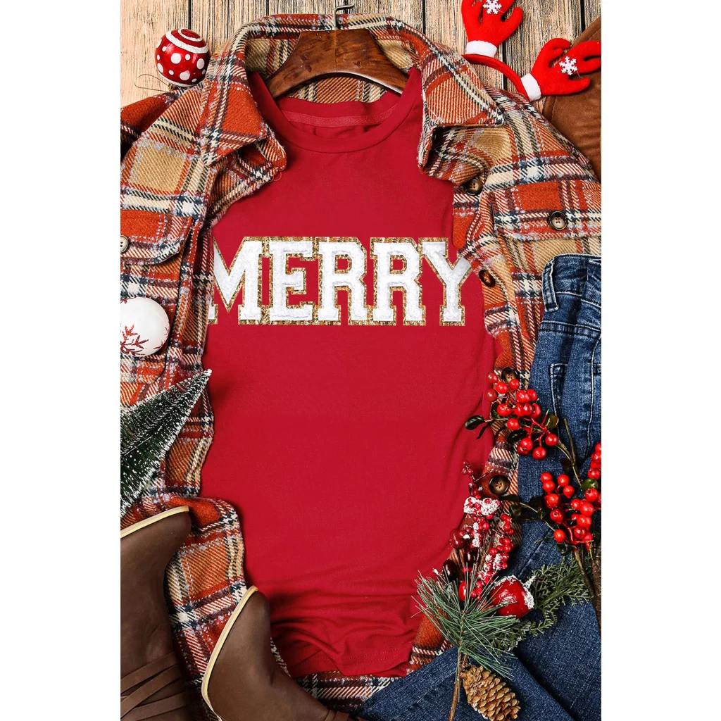 Red Christmas MERRY Graphic Cuffed Sleeve T Shirt - XL
