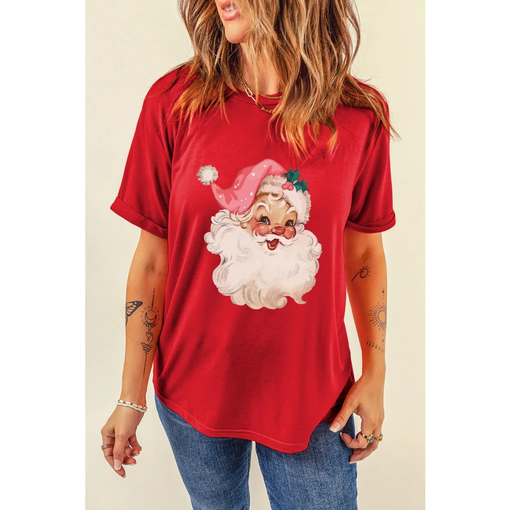 Red Christmas Santa Claus Print Crew Neck T Shirt - M