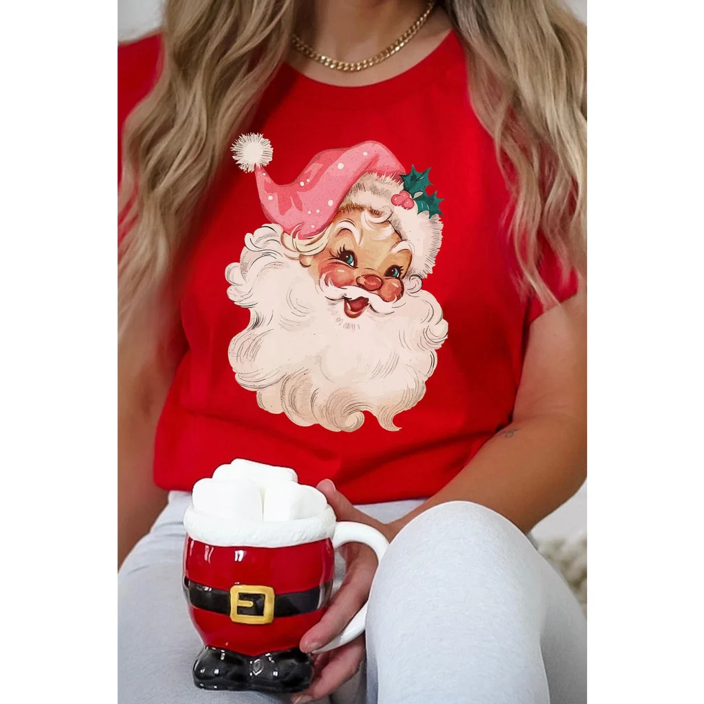 Red Christmas Santa Claus Print Crew Neck T Shirt - S