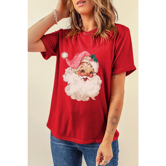 Red Christmas Santa Claus Print Crew Neck T Shirt - S