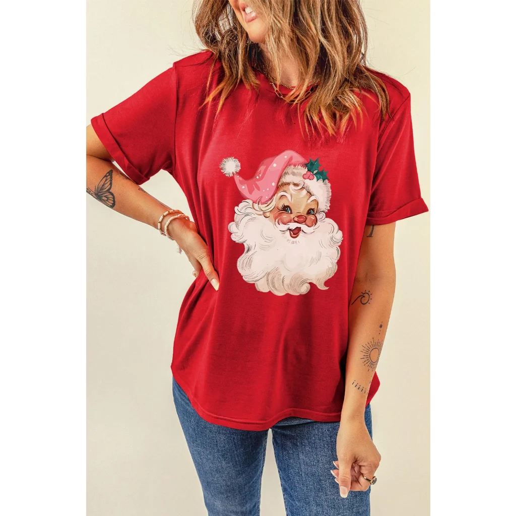 Red Christmas Santa Claus Print Crew Neck T Shirt - XL