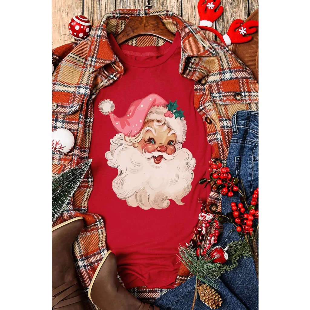 Red Christmas Santa Claus Print Crew Neck T Shirt - XL