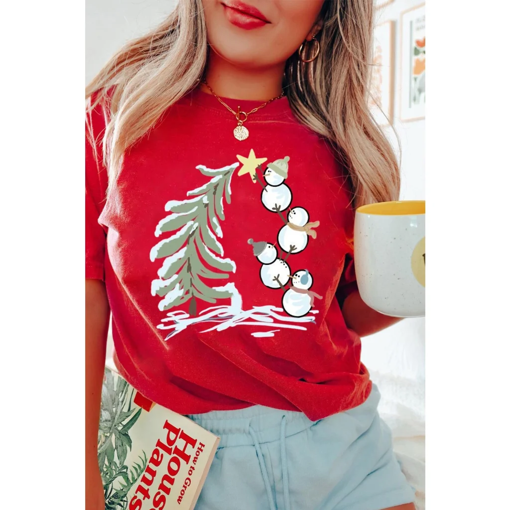 Red Christmas Tree Snowman Printed Crewneck T Shirt - S