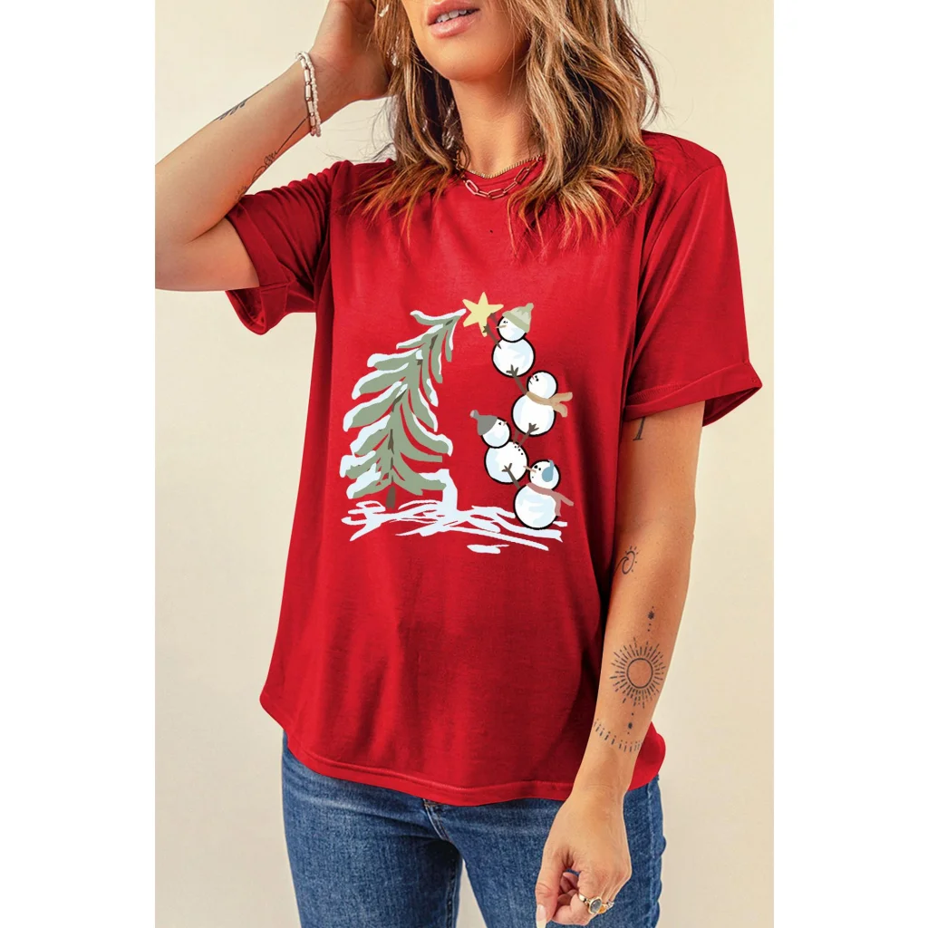 Red Christmas Tree Snowman Printed Crewneck T Shirt - S