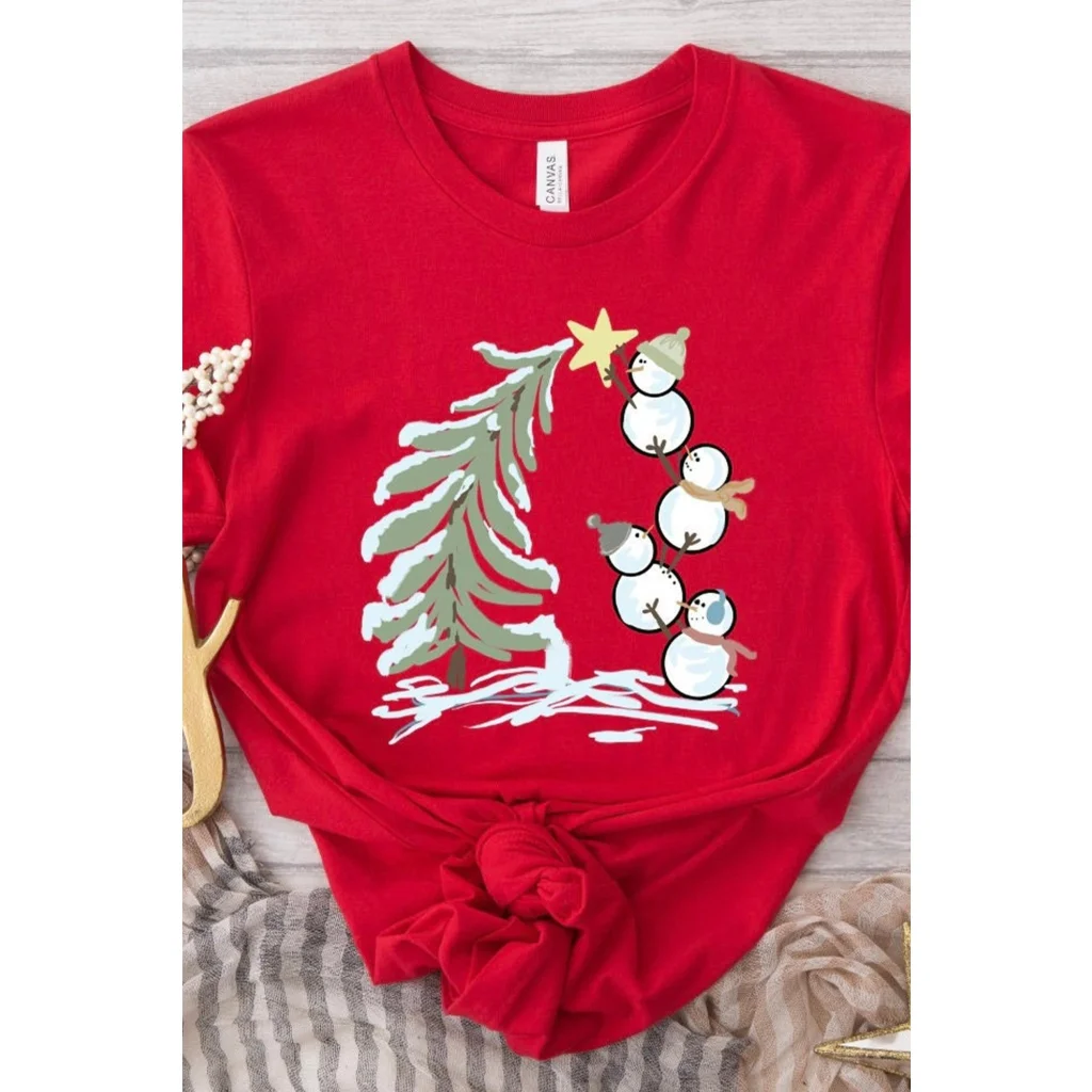 Red Christmas Tree Snowman Printed Crewneck T Shirt - S