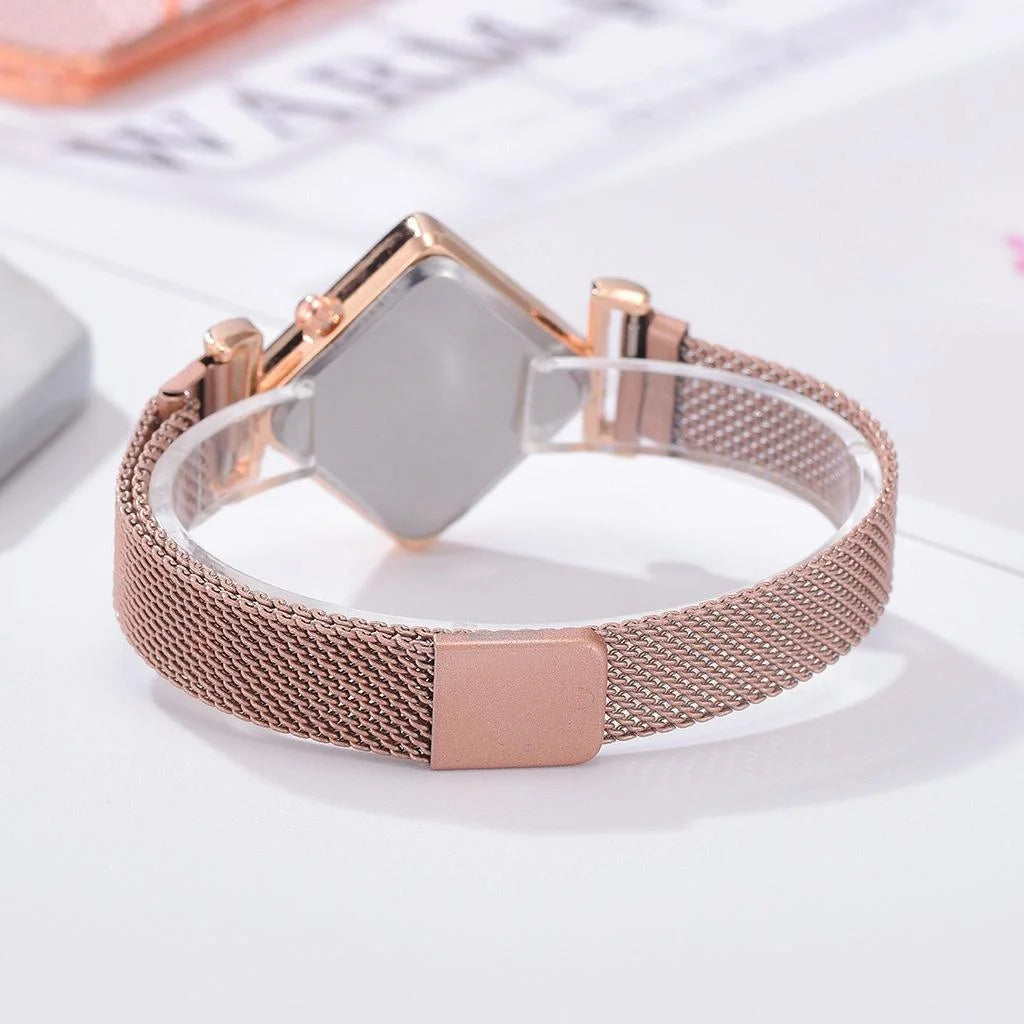Red Diamond Dial Quartz Watch & Bracelet Set for Women