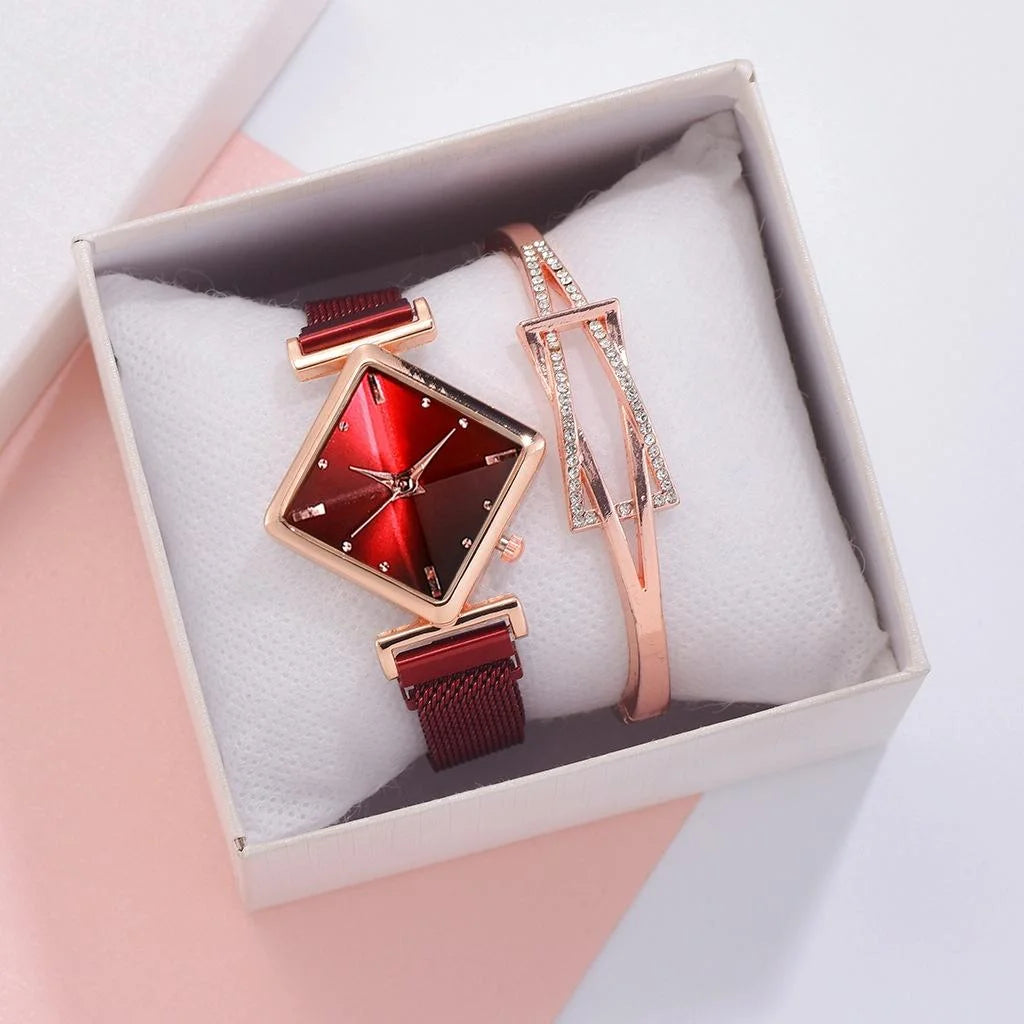 Red Diamond Dial Quartz Watch & Bracelet Set for Women