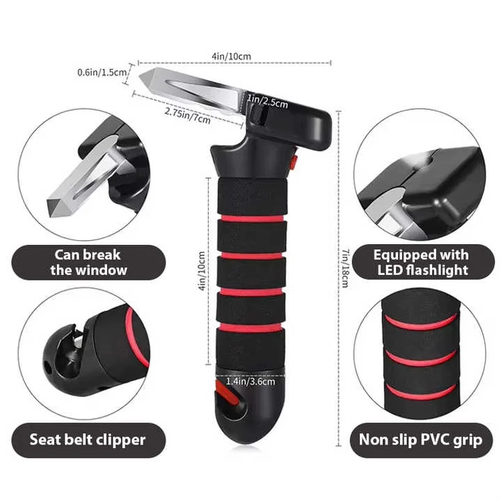 Red Emergency Car Window Breaker Tool with LED Flashlight